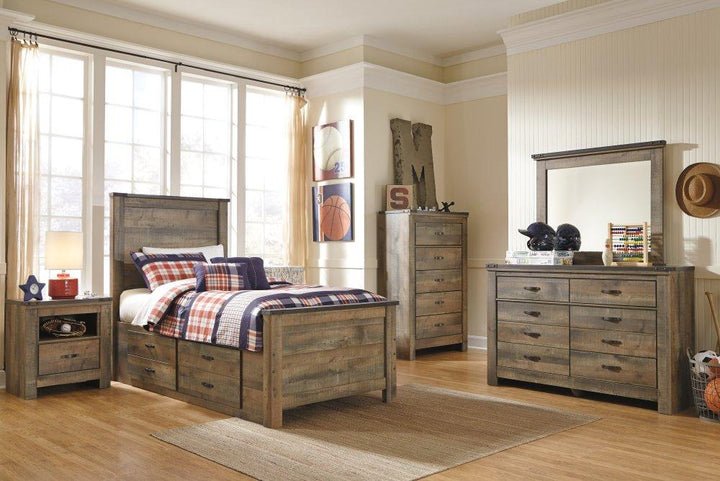 ASHLEY FURNITURE PKG005162 Twin Panel Bed With 2 Storage Drawers With Mirrored Dresser and Chest