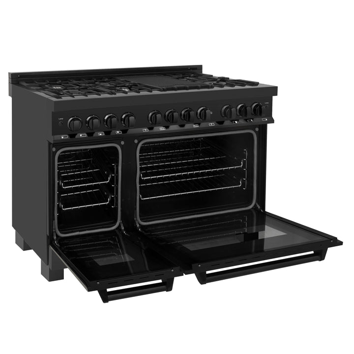 ZLINE KITCHEN AND BATH RAB48 ZLINE 48" 6.0 cu. ft. Dual Fuel Range with Gas Stove and Electric Oven in Black Stainless Steel with Brass Burners