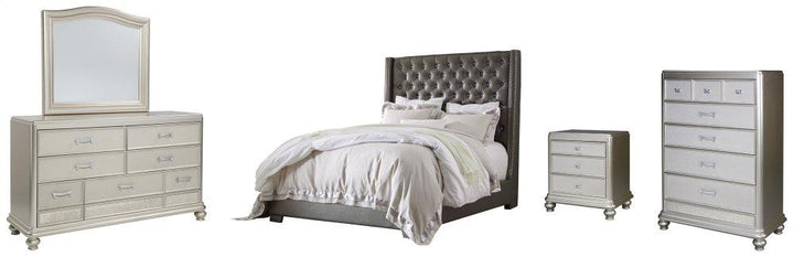 ASHLEY FURNITURE PKG007830 California King Upholstered Bed With Mirrored Dresser, Chest and Nightstand