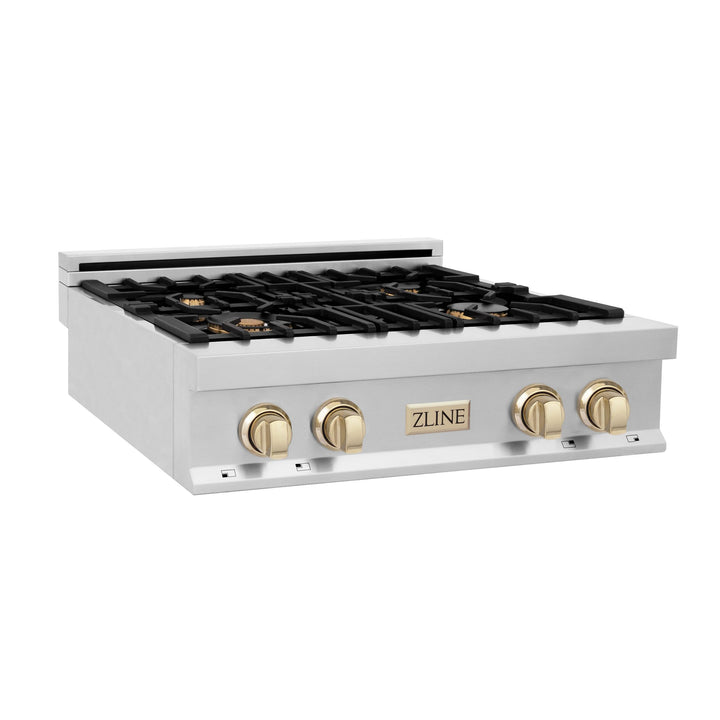 ZLINE KITCHEN AND BATH RTZ30CB ZLINE Autograph Edition 30" Porcelain Rangetop with 4 Gas Burners in Stainless Steel with Accents Accent: Champagne Bronze