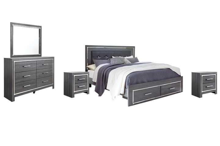 ASHLEY FURNITURE PKG003568 King Panel Bed With 2 Storage Drawers With Mirrored Dresser and 2 Nightstands