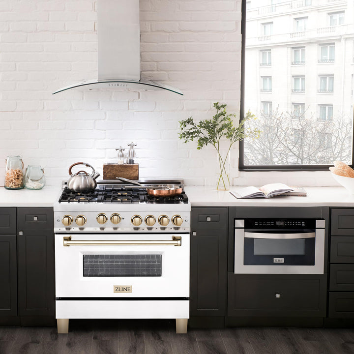 ZLINE KITCHEN AND BATH RGZWM36CB ZLINE Autograph Edition 36" 4.6 cu. ft. Range with Gas Stove and Gas Oven in Stainless Steel with White Matte Door and Accents Color: Champagne Bronze