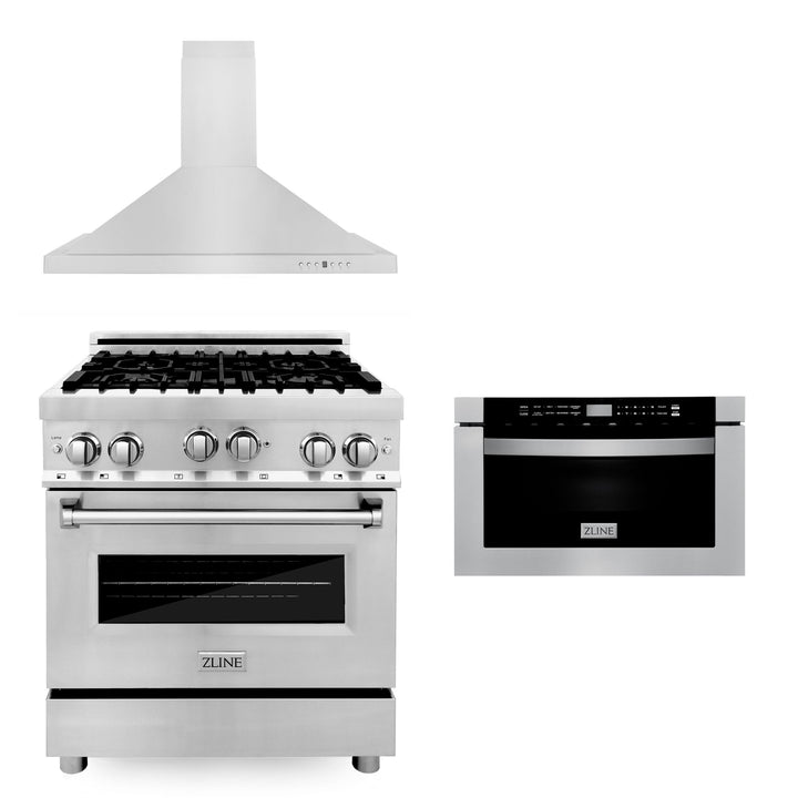 ZLINE KITCHEN AND BATH 3KPRGRH30MW ZLINE 30" Kitchen Package with Stainless Steel Gas Range, Convertible Vent Range Hood and Microwave Drawer