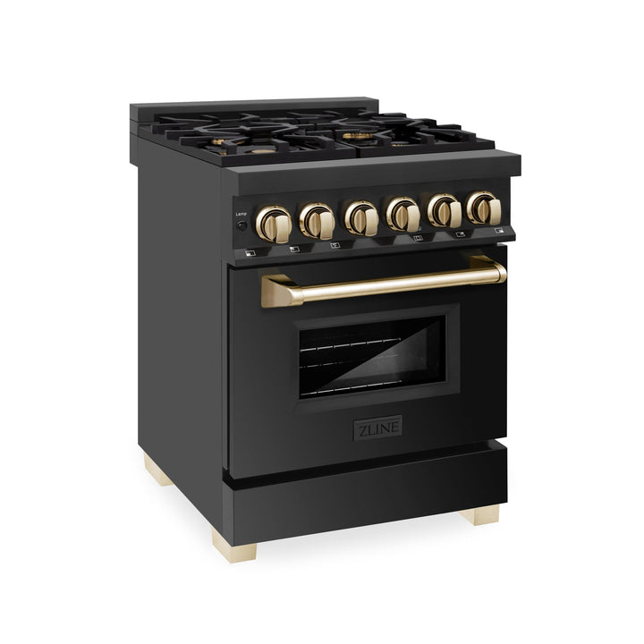 ZLINE KITCHEN AND BATH RABZ24G ZLINE Autograph Edition 24" 2.8 cu. ft. Dual Fuel Range with Gas Stove and Electric Oven in Black Stainless Steel with Champagne Bronze Accents Color: Gold