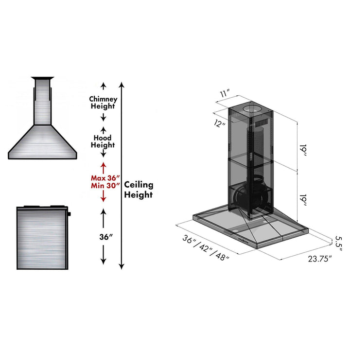 ZLINE KITCHEN AND BATH BSGL2IN36 ZLINE Convertible Vent Island Mount Range Hood in Black Stainless Steel Size: 36 inch