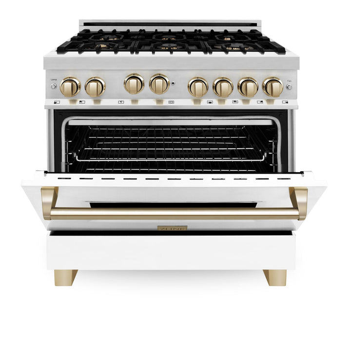 ZLINE KITCHEN AND BATH RGZWM36CB ZLINE Autograph Edition 36" 4.6 cu. ft. Range with Gas Stove and Gas Oven in Stainless Steel with White Matte Door and Accents Color: Champagne Bronze