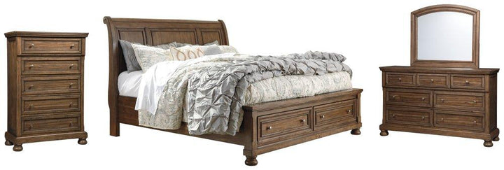 ASHLEY FURNITURE PKG006429 Queen Sleigh Bed With 2 Storage Drawers With Mirrored Dresser and Chest