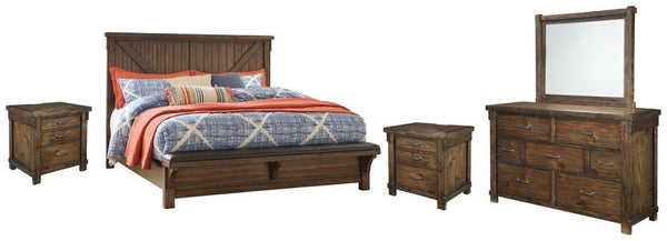 ASHLEY FURNITURE PKG006342 California King Panel Bed With Upholstered Bench With Mirrored Dresser and 2 Nightstands