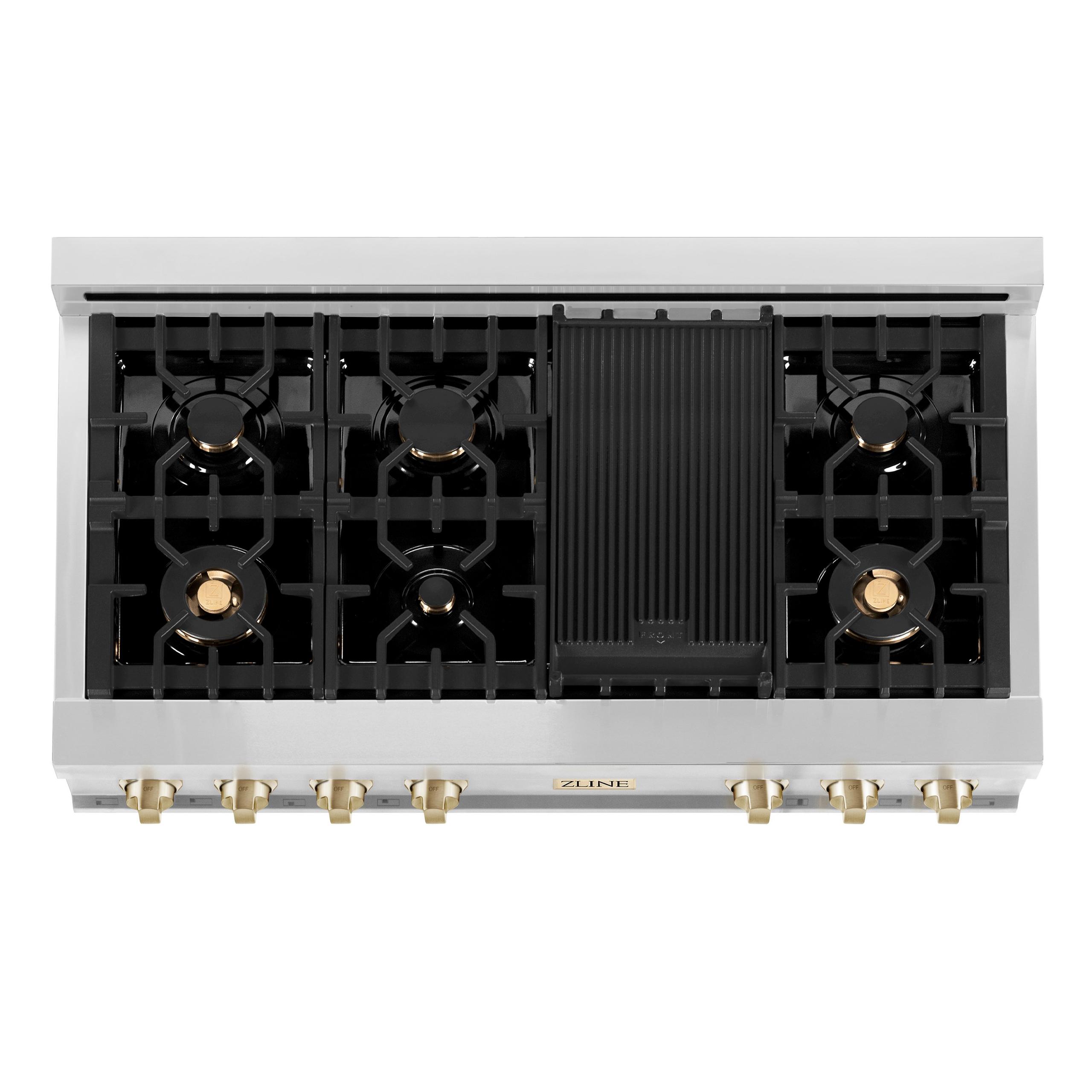 ZLINE KITCHEN AND BATH RTZ48CB ZLINE Autograph Edition 48" Porcelain Rangetop with 7 Gas Burners in Stainless Steel with Accents Color: Champagne Bronze