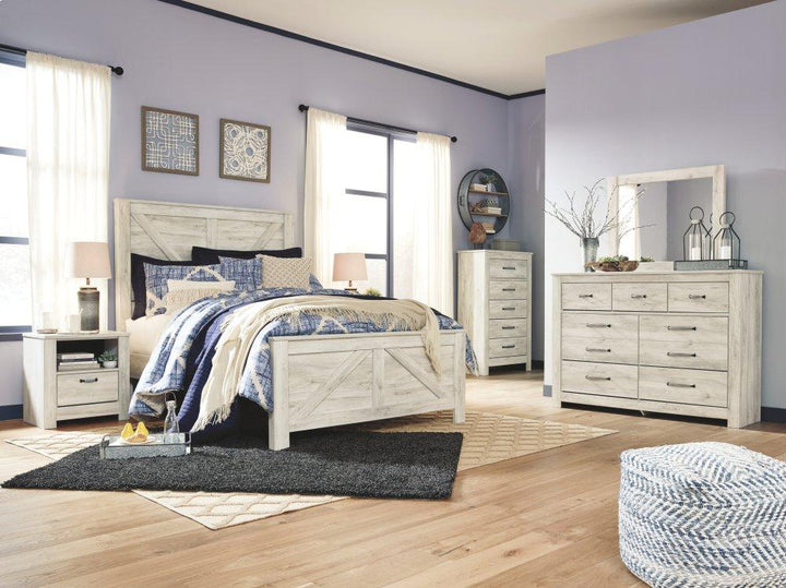 ASHLEY FURNITURE PKG004728 Queen Crossbuck Panel Bed With Mirrored Dresser, Chest and Nightstand