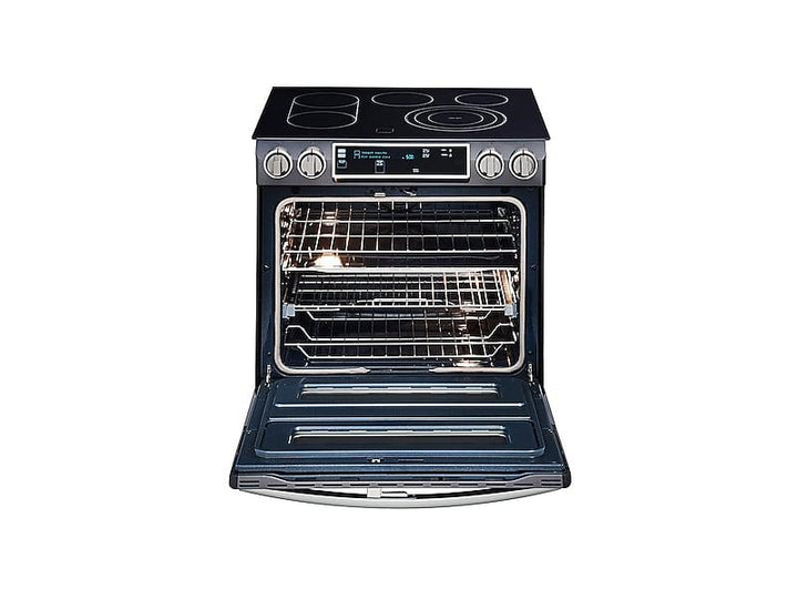 SAMSUNG NE58K9850WG 5.8 cu. ft. Slide-In Electric Range with Flex Duo TM & Dual Door in Black Stainless Steel