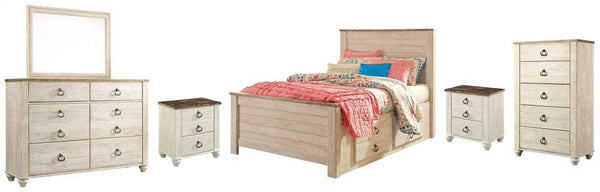 ASHLEY FURNITURE PKG004481 Full Panel Bed With 2 Storage Drawers With Mirrored Dresser, Chest and 2 Nightstands