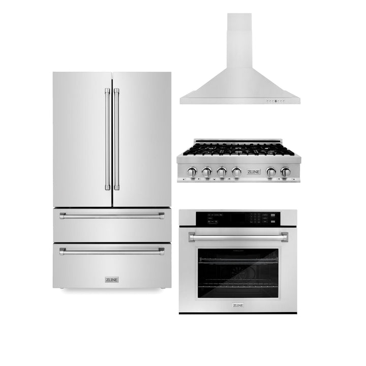 ZLINE KITCHEN AND BATH 4KPRRTRH36AWS ZLINE Kitchen Package with Refrigeration, 36" Stainless Steel Rangetop, 36" Range Hood and 30" Single Wall Oven