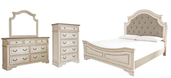 ASHLEY FURNITURE PKG006686 California King Upholstered Panel Bed With Mirrored Dresser and Chest