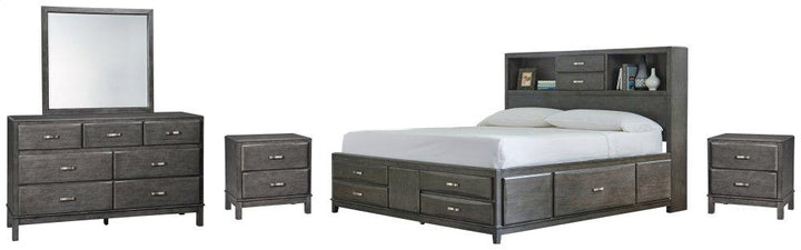 ASHLEY FURNITURE PKG005285 California King Storage Bed With 8 Storage Drawers With Mirrored Dresser and 2 Nightstands