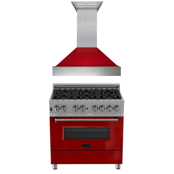 ZLINE KITCHEN AND BATH 2KPRASRGRH36 ZLINE 36" Kitchen Package with DuraSnow R Stainless Steel Dual Fuel Range with Red Gloss Door and Convertible Vent Range Hood