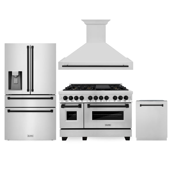 ZLINE KITCHEN AND BATH 4AKPRRARHDWM48MB ZLINE 48" Autograph Edition Kitchen Package with Stainless Steel Dual Fuel Range, Range Hood, Dishwasher and Refrigeration with Matte Black Accents