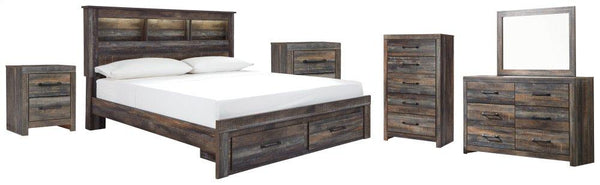 ASHLEY FURNITURE PKG003251 King Bookcase Bed With 2 Storage Drawers With Mirrored Dresser, Chest and 2 Nightstands