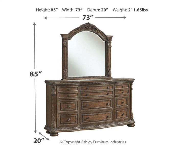 ASHLEY FURNITURE PKG007116 California King Upholstered Sleigh Bed With Mirrored Dresser, Chest and 2 Nightstands