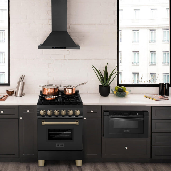 ZLINE KITCHEN AND BATH RABZ24G ZLINE Autograph Edition 24" 2.8 cu. ft. Dual Fuel Range with Gas Stove and Electric Oven in Black Stainless Steel with Champagne Bronze Accents Color: Gold