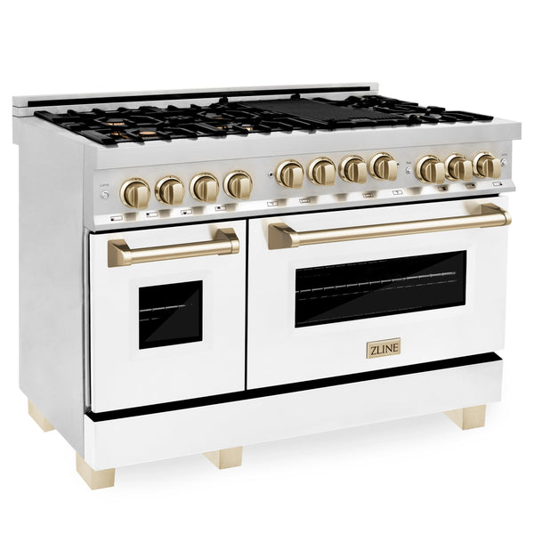 ZLINE KITCHEN AND BATH RGZWM48G ZLINE Autograph Edition 48" 6.0 cu. ft. Range with Gas Stove and Gas Oven in Stainless Steel with White Matte Door with Accents Color: Gold