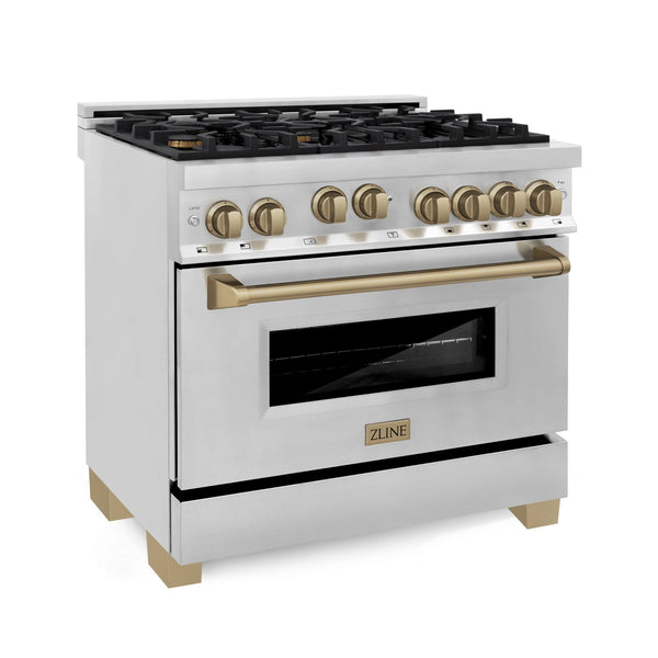 ZLINE KITCHEN AND BATH RGZ36CB ZLINE Autograph Edition 36" 4.6 cu. ft. Range with Gas Stove and Gas Oven in Stainless Steel with Accents Color: Champagne Bronze