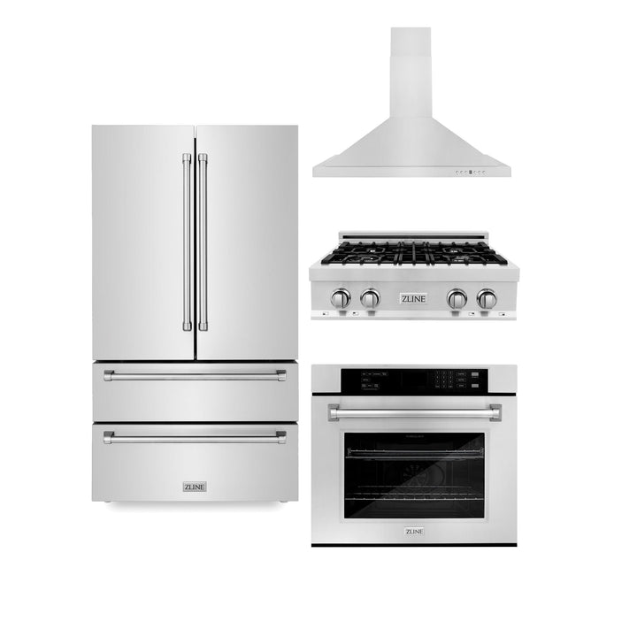 ZLINE KITCHEN AND BATH 4KPRRTRH30AWS ZLINE Kitchen Package with Refrigeration, 30" Stainless Steel Rangetop, 30" Range Hood and 30" Single Wall Oven