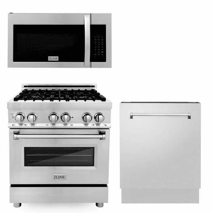 ZLINE KITCHEN AND BATH 3KPRAOTR30DWV ZLINE 30" Kitchen Package with Stainless Steel Dual Fuel Range, Modern Over The Range Microwave and Tall Tub Dishwasher