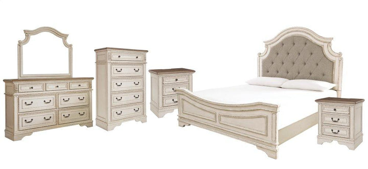 ASHLEY FURNITURE PKG006688 California King Upholstered Panel Bed With Mirrored Dresser, Chest and 2 Nightstands