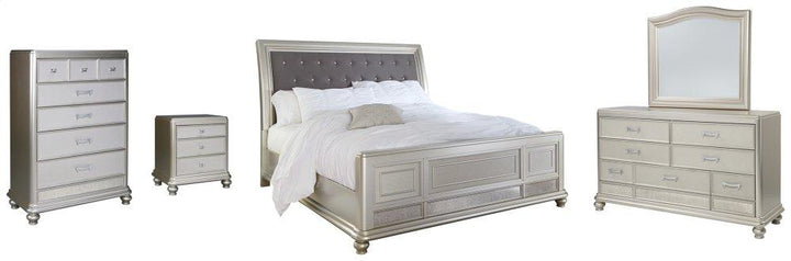 ASHLEY FURNITURE PKG007862 California King Upholstered Sleigh Bed With Mirrored Dresser, Chest and Nightstand