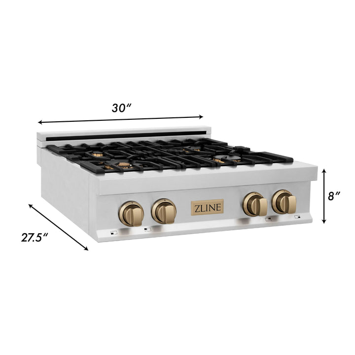 ZLINE KITCHEN AND BATH RTZ30G ZLINE Autograph Edition 30" Porcelain Rangetop with 4 Gas Burners in Stainless Steel with Accents Accent: Gold