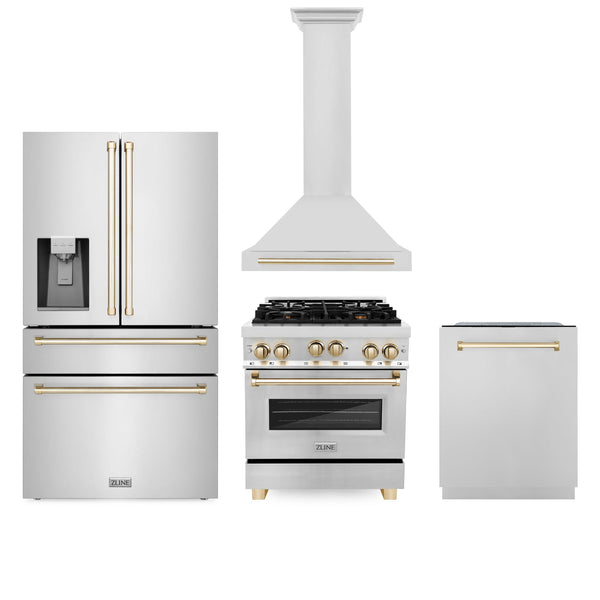 ZLINE KITCHEN AND BATH 4AKPRRGRHDWM30G ZLINE 30" Autograph Edition Kitchen Package with Stainless Steel Gas Range, Range Hood, Dishwasher and Refrigeration with Gold Accents