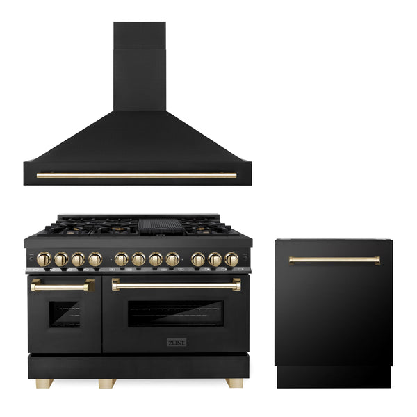 ZLINE KITCHEN AND BATH 3AKPRABRHDWV48G ZLINE 48" Autograph Edition Kitchen Package with Black Stainless Steel Dual Fuel Range, Range Hood and Dishwasher with Gold Accents