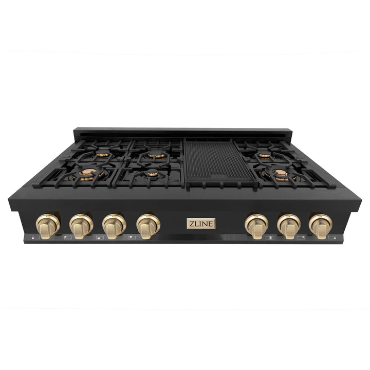 ZLINE KITCHEN AND BATH RTBZ48CB ZLINE Autograph Edition 48" Porcelain Rangetop with 7 Gas Burners in Black Stainless Steel with Accents Accent: Champagne Bronze