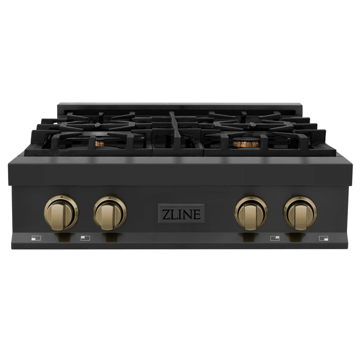 ZLINE KITCHEN AND BATH RTBZ30G ZLINE Autograph Edition 30" Porcelain Rangetop with 4 Gas Burners in Black Stainless Steel and Accents Accent: Gold