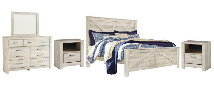 ASHLEY FURNITURE PKG004700 King Crossbuck Panel Bed With Mirrored Dresser and 2 Nightstands