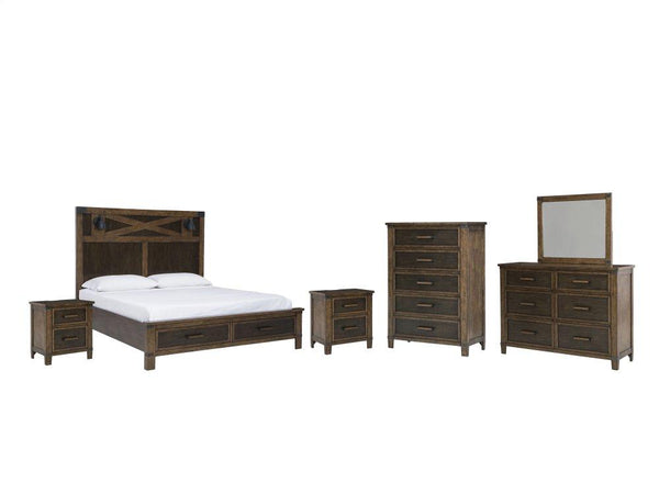 ASHLEY FURNITURE PKG008372 Queen Panel Bed With Storage With Mirrored Dresser, Chest and 2 Nightstands