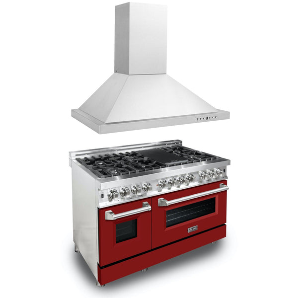 ZLINE KITCHEN AND BATH 2KPRARMRH48 ZLINE 48" Kitchen Package with DuraSnow R Stainless Steel Dual Fuel Range with Red Matte Door and Convertible Vent Range Hood