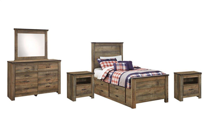 ASHLEY FURNITURE PKG005161 Twin Panel Bed With 2 Storage Drawers With Mirrored Dresser and 2 Nightstands