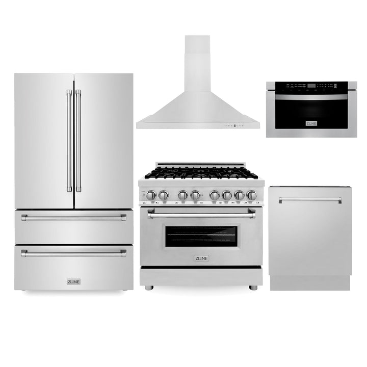 ZLINE KITCHEN AND BATH 5KPRRARH36MWDWV ZLINE Kitchen Package with Refrigeration, 36" Stainless Steel Dual Fuel Range, 36" Range Hood, Microwave Drawer, and 24" Tall Tub Dishwasher