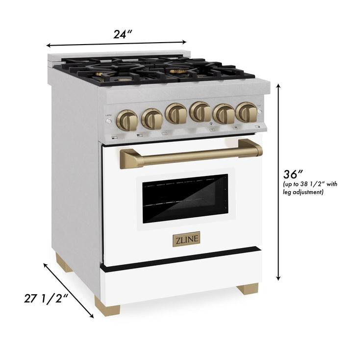 ZLINE KITCHEN AND BATH RGSZWM24CB ZLINE Autograph Edition 24" 2.8 cu. ft. Range with Gas Stove and Gas Oven in DuraSnow R Stainless Steel with White Matte Door and Accents Color: Champagne Bronze