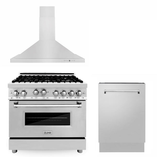 ZLINE KITCHEN AND BATH 3KPRGRH36DWV ZLINE 36" Kitchen Package with Stainless Steel Gas Range, Convertible Vent Range Hood and Tall Tub Dishwasher