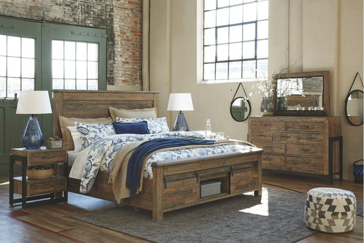 ASHLEY FURNITURE PKG007080 King Panel Bed With Storage With Mirrored Dresser, Chest and 2 Nightstands
