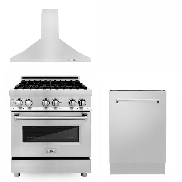 ZLINE KITCHEN AND BATH 3KPRARH30DWV ZLINE 30" Kitchen Package with Stainless Steel Dual Fuel Range, Convertible Vent Range Hood and 3rd Rack Dishwasher