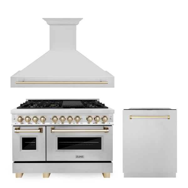 ZLINE KITCHEN AND BATH 3AKPRARHDWM48G ZLINE 48" Autograph Edition Kitchen Package with Stainless Steel Dual Fuel Range, Range Hood and Dishwasher with Gold Accents