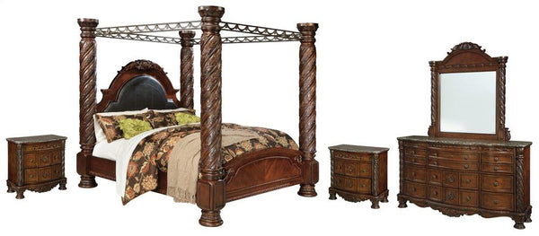 ASHLEY FURNITURE PKG005758 California King Poster Bed With Canopy With Mirrored Dresser and 2 Nightstands