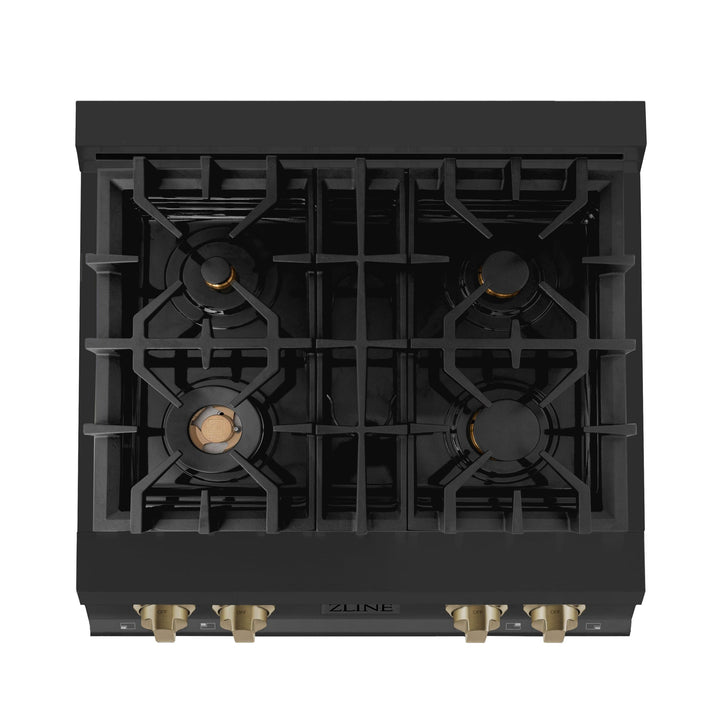 ZLINE KITCHEN AND BATH RTBZ30G ZLINE Autograph Edition 30" Porcelain Rangetop with 4 Gas Burners in Black Stainless Steel and Accents Accent: Gold