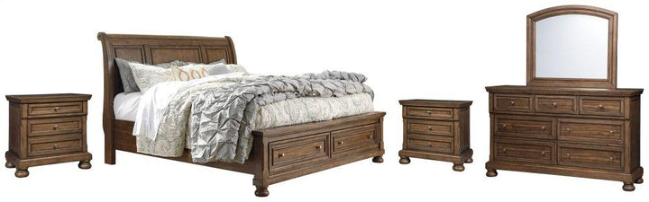 ASHLEY FURNITURE PKG006383 California King Sleigh Bed With 2 Storage Drawers With Mirrored Dresser and 2 Nightstands