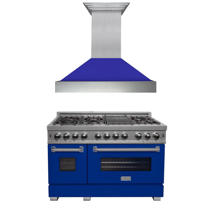 ZLINE KITCHEN AND BATH 2KPRASBMRH48 ZLINE 48" Kitchen Package with DuraSnow R Stainless Steel Dual Fuel Range with Blue Matte Door and Convertible Vent Range Hood