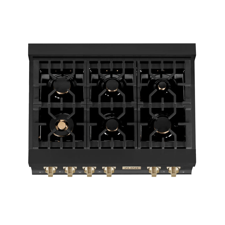 ZLINE KITCHEN AND BATH RTBZ36G ZLINE Autograph Edition 36" Porcelain Rangetop with 6 Gas Burners in Black Stainless Steel with Accents Accent: Gold